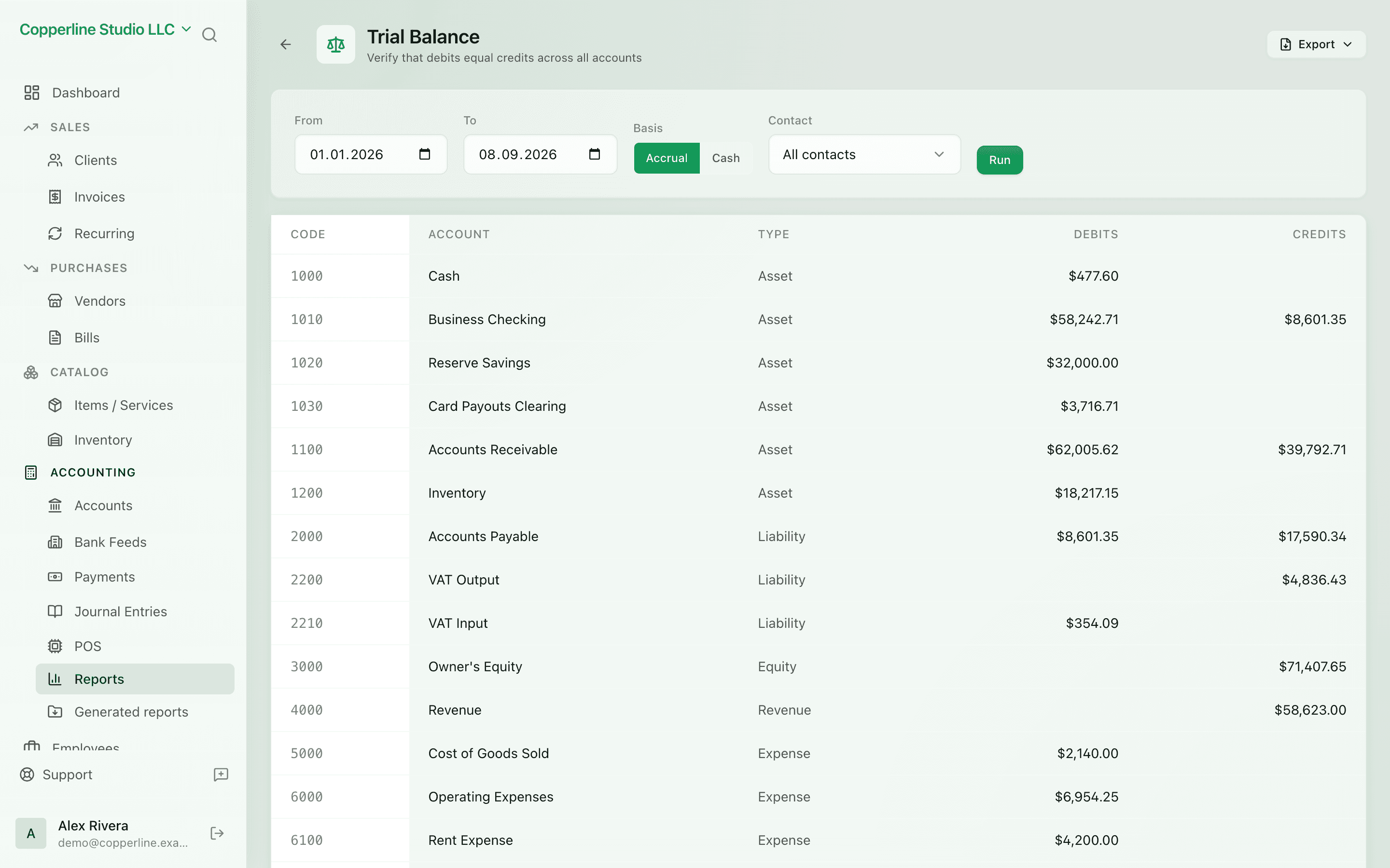 The Financial reports screen in Nefin