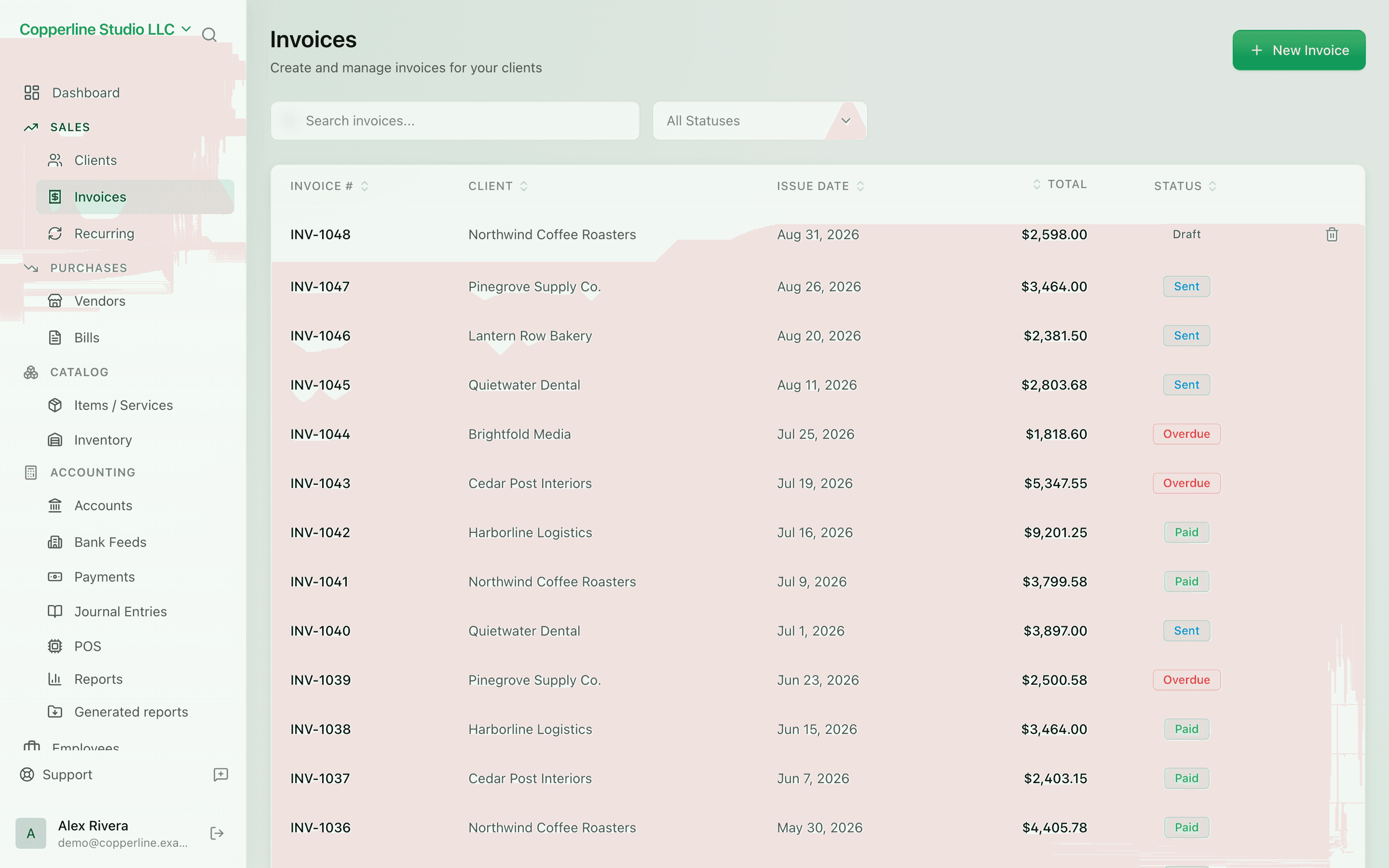 The Invoicing screen in Nefin