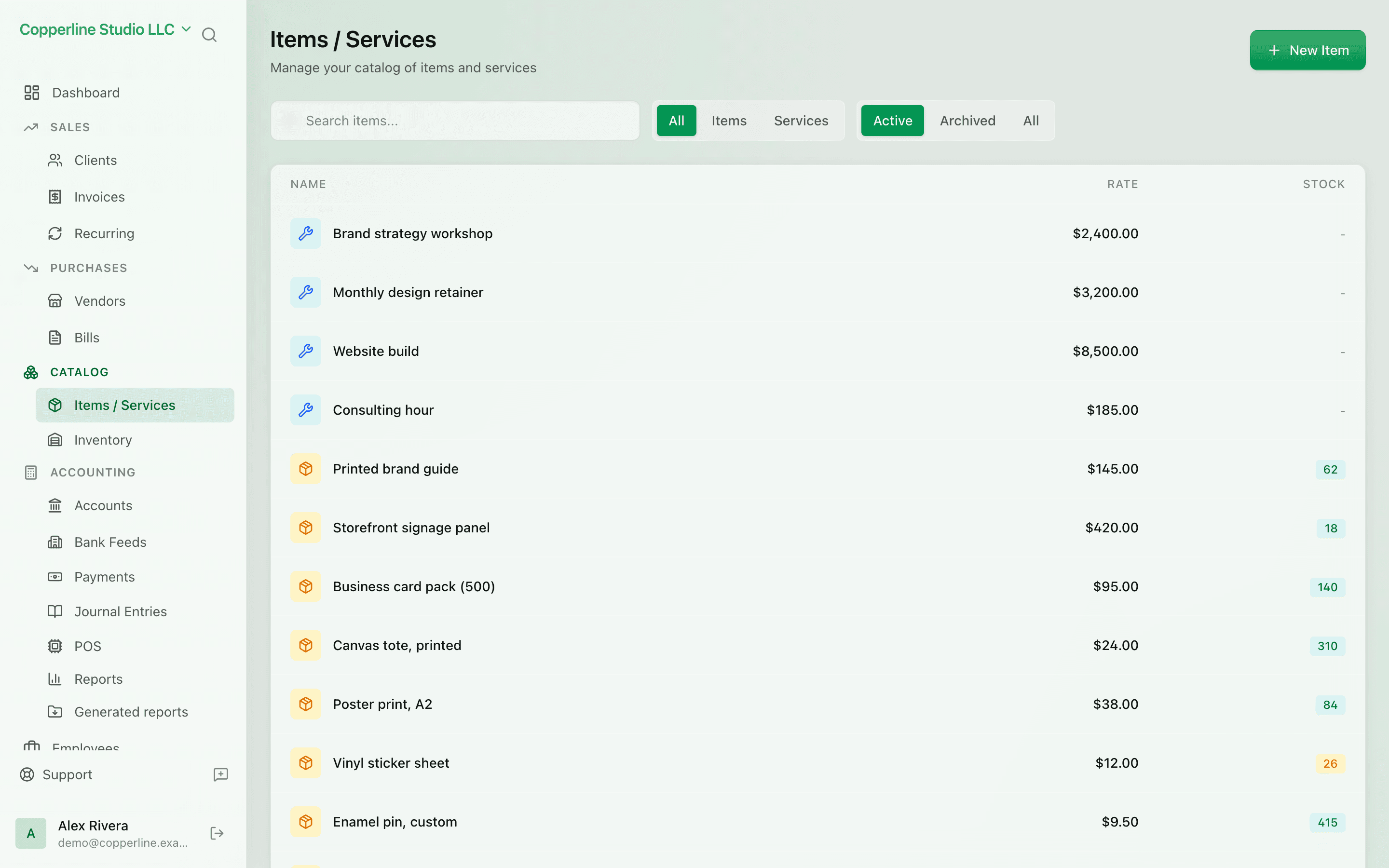 The Items & services screen in Nefin