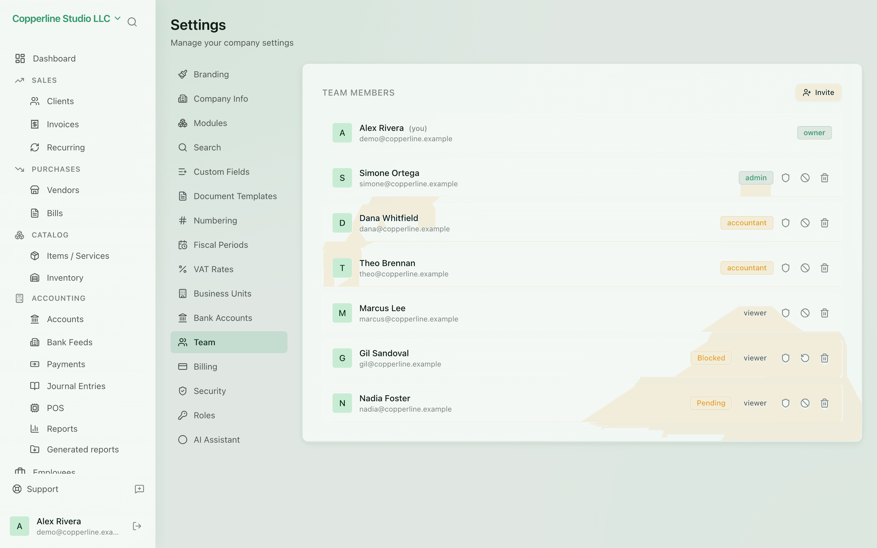The Team management screen in Nefin