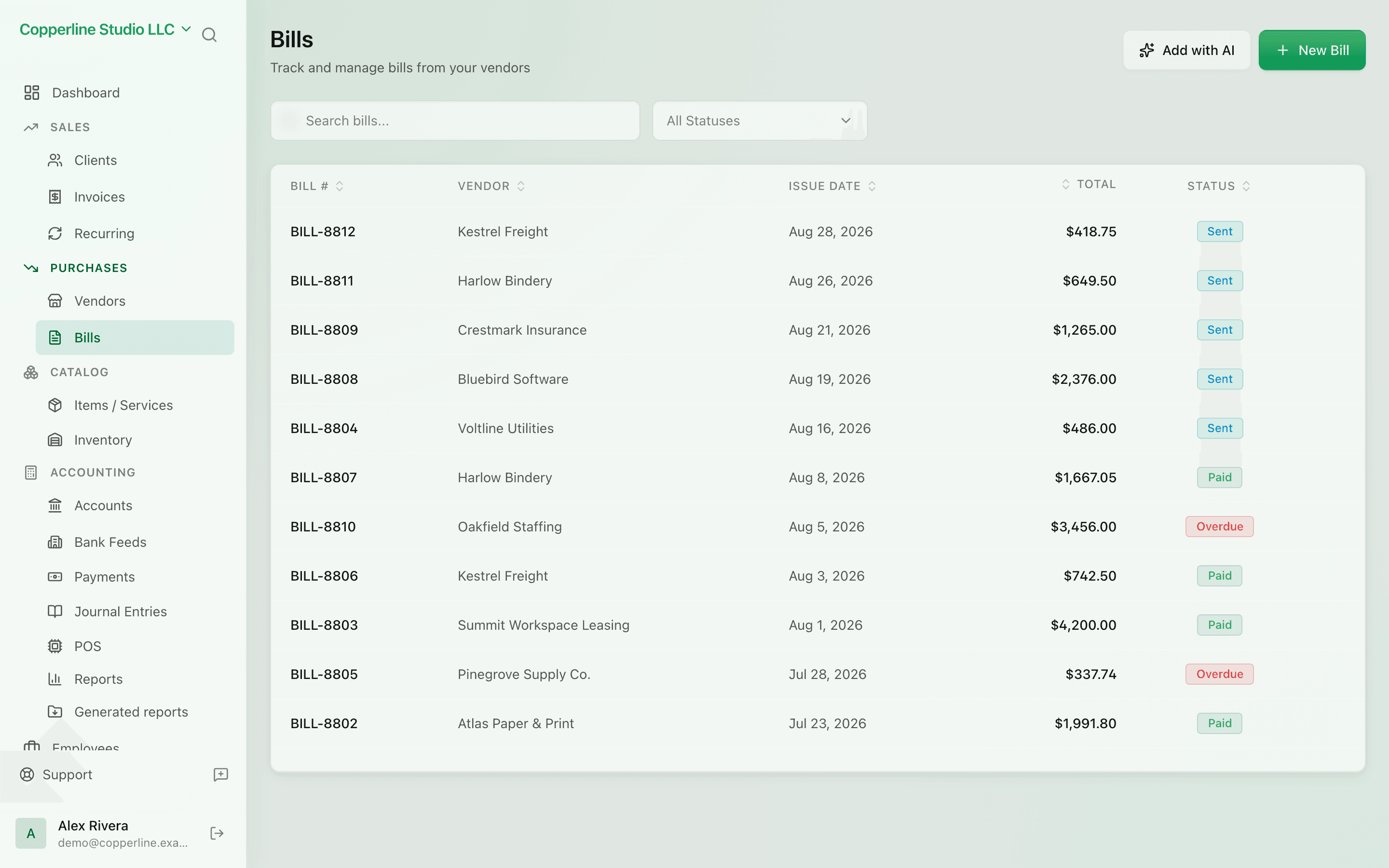 The Bills & expenses screen in Nefin
