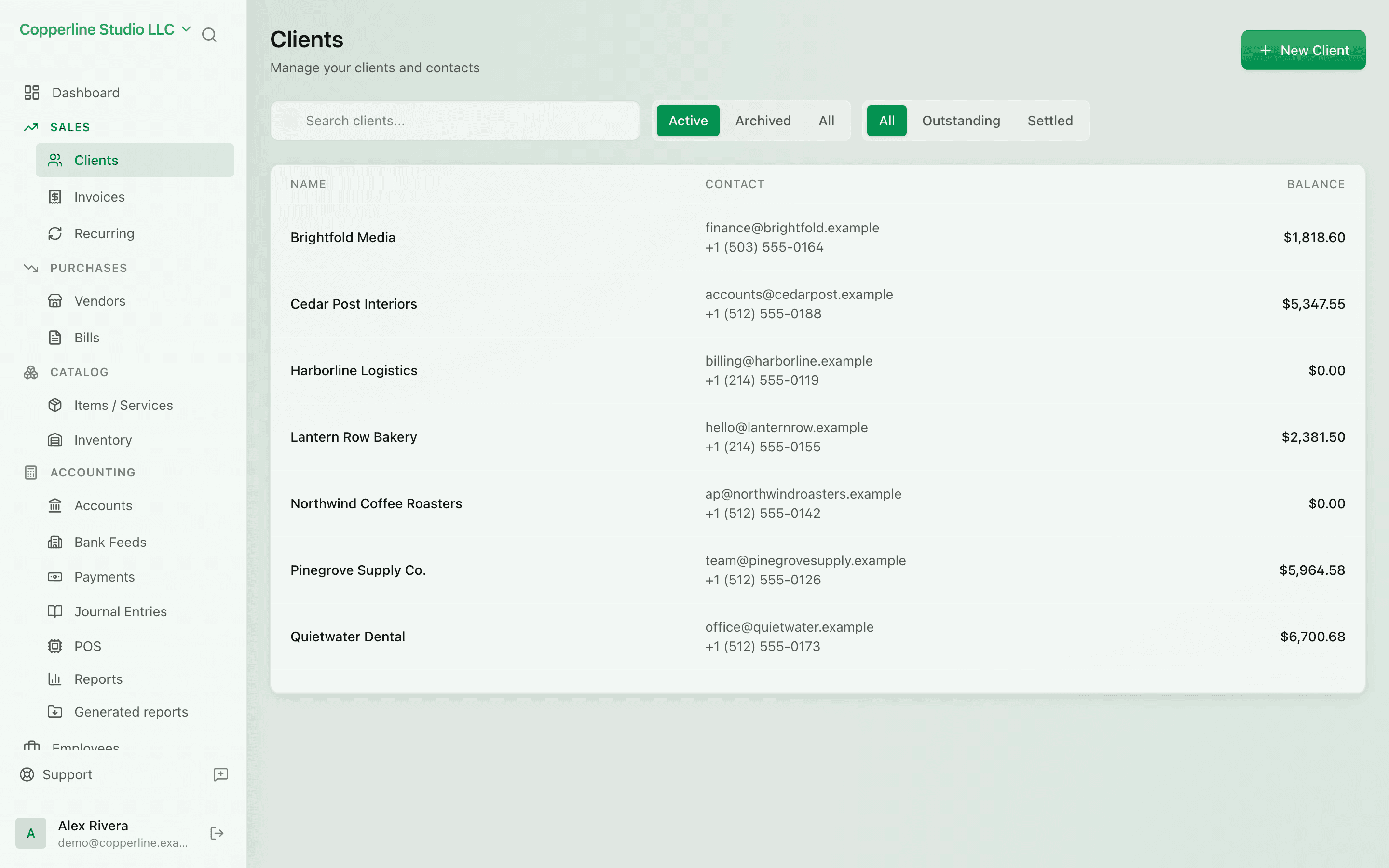 The Client management screen in Nefin