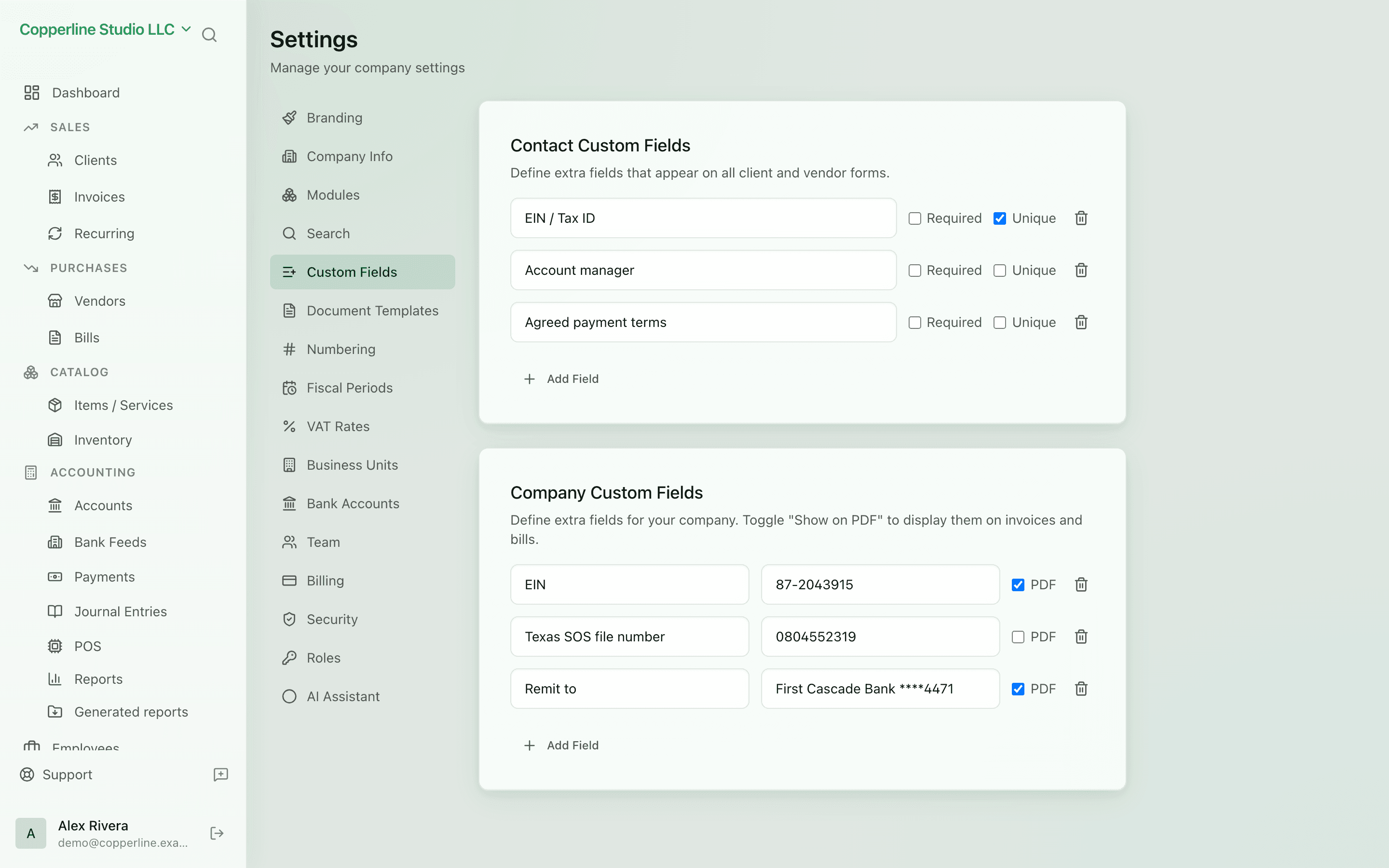 The Custom fields screen in Nefin