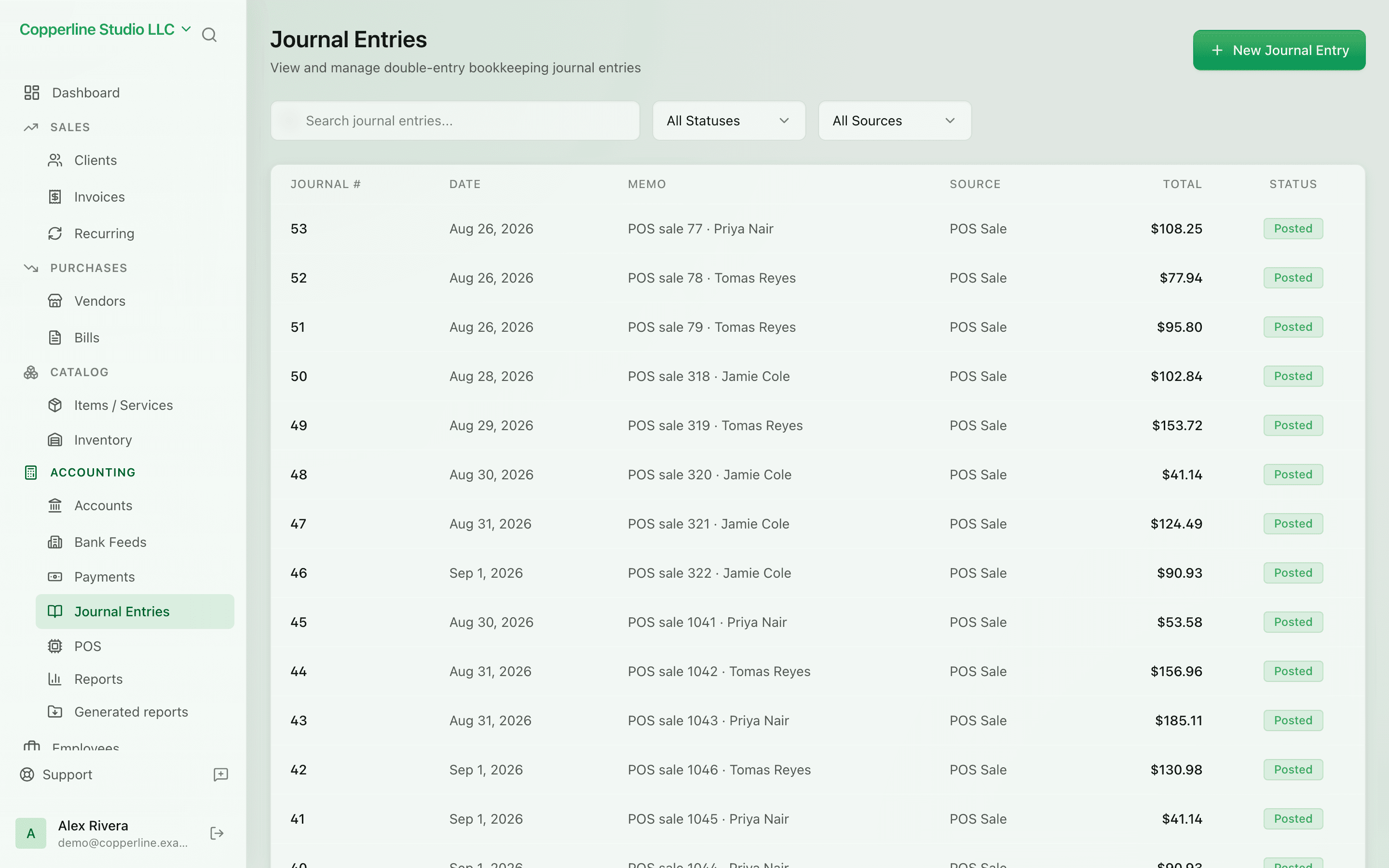 The Journal entries screen in Nefin
