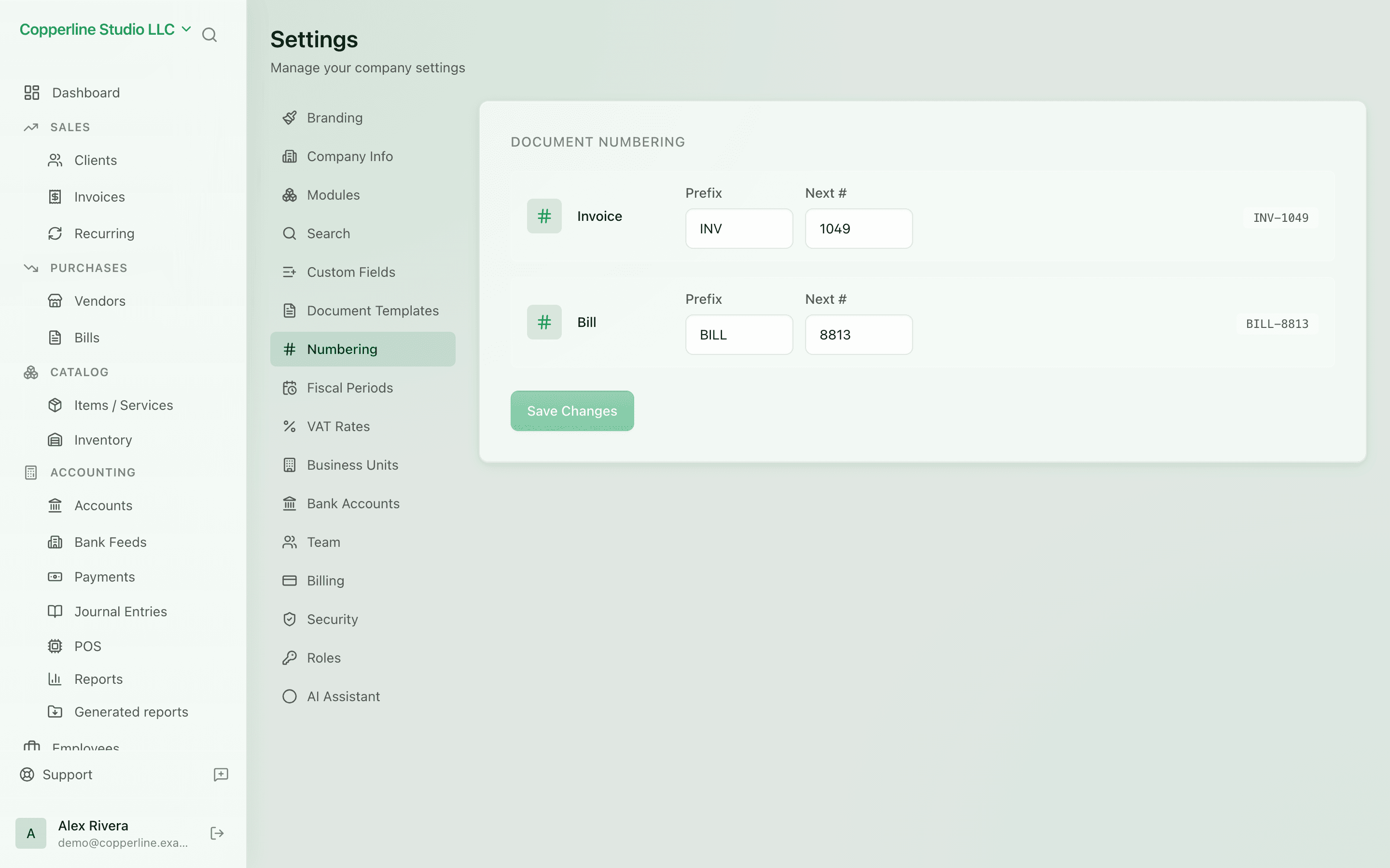 The Numbering schemes screen in Nefin