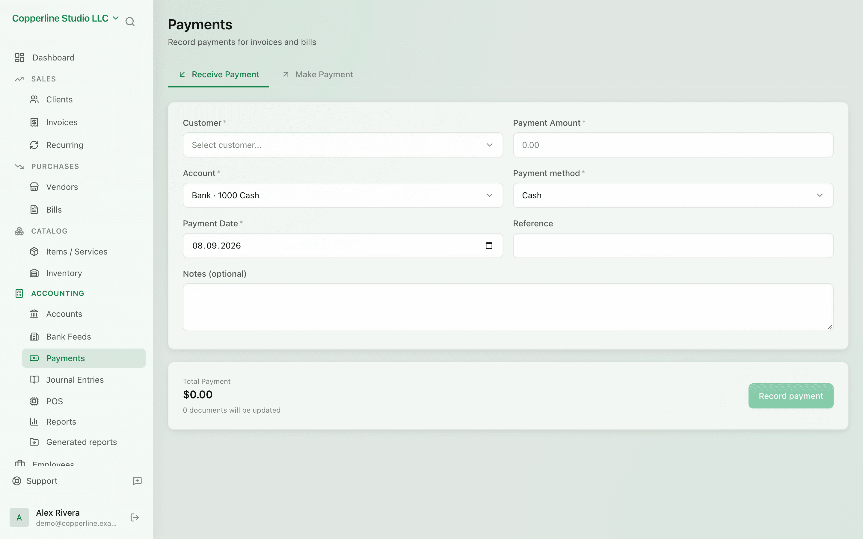 The Payments screen in Nefin