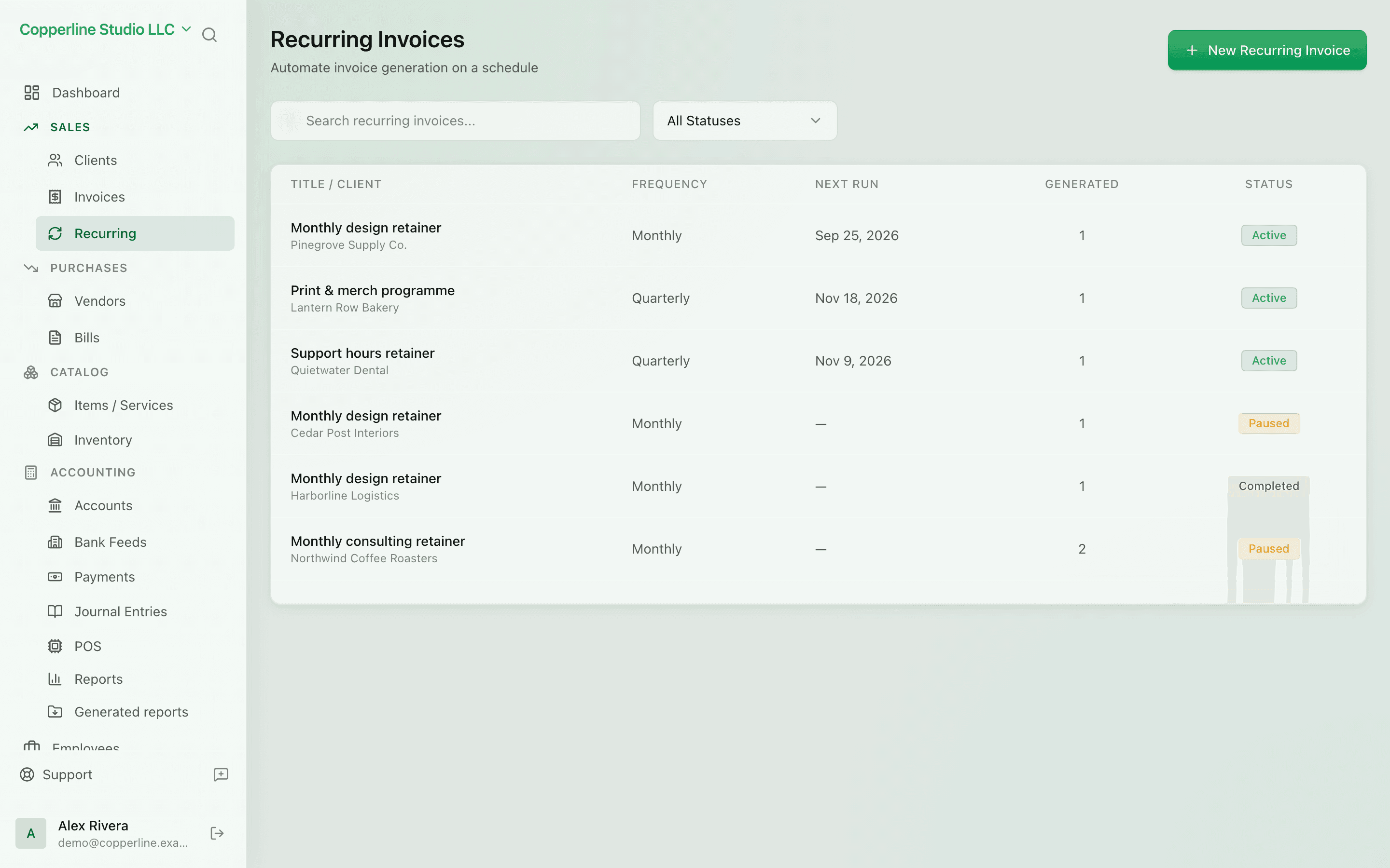 The Recurring invoices screen in Nefin