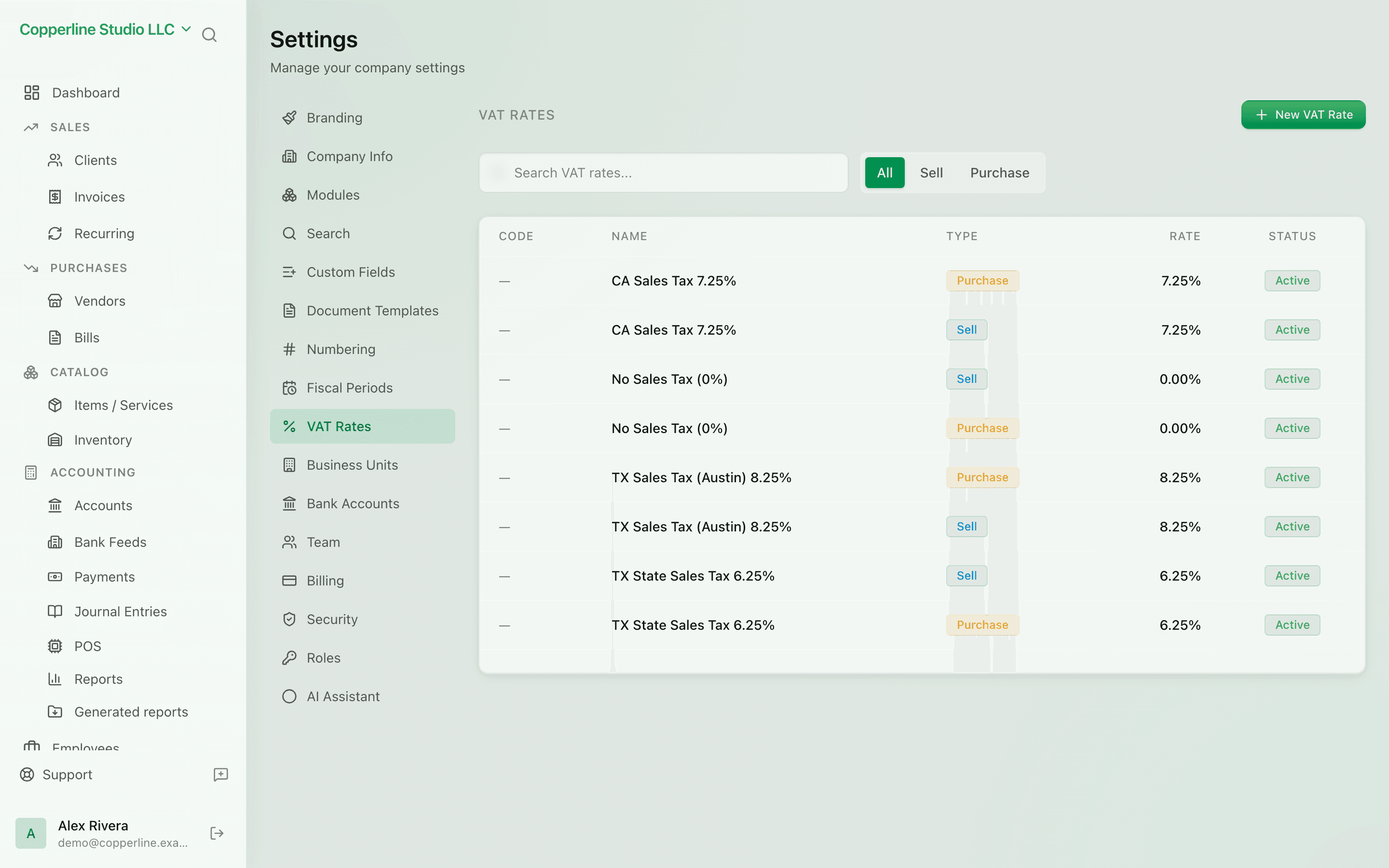 The VAT & tax rates screen in Nefin