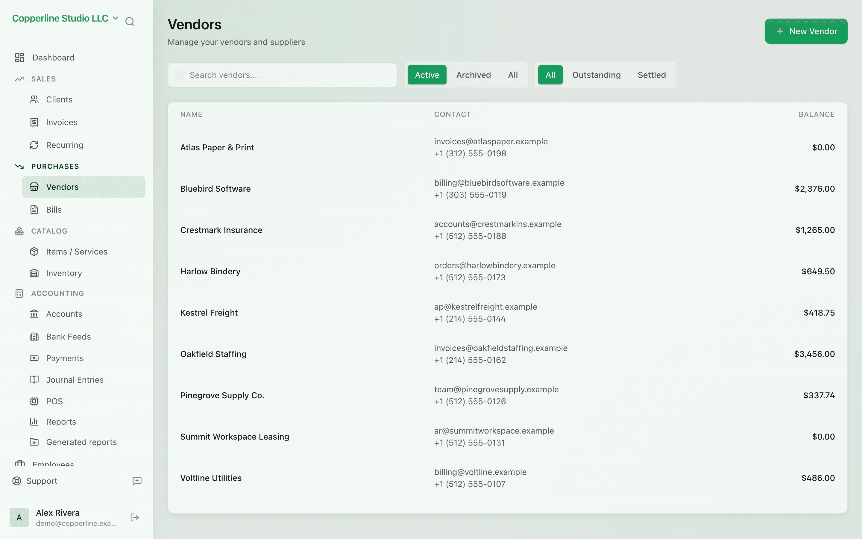 The Vendor management screen in Nefin